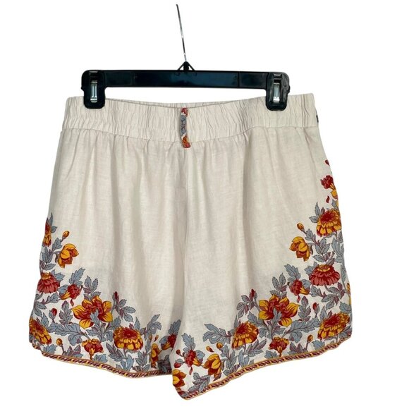 Rachel Zoe Linen Blend Shorts Elastic Waist Pockets Ivory Floral Womens Size M - Picture 3 of 10